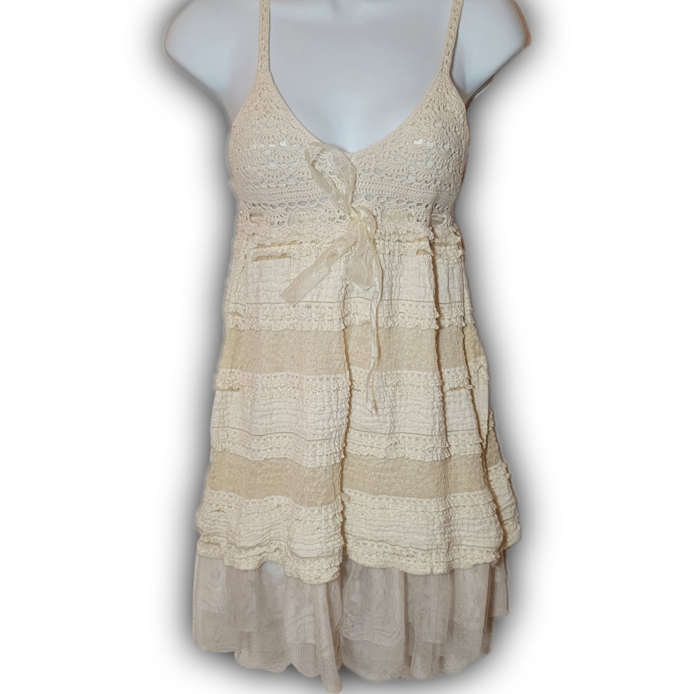 Adorable boho cream crochet summer mini dress
